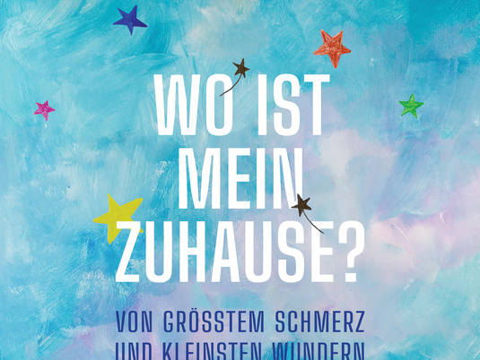 türkisfarbener Hintergrund bunte Sterne und Pusteblume Schrift weiß
