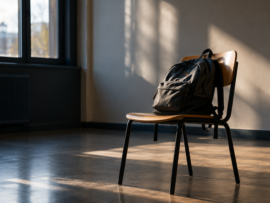 Rucksack auf einem Stuhl im leeren Raum